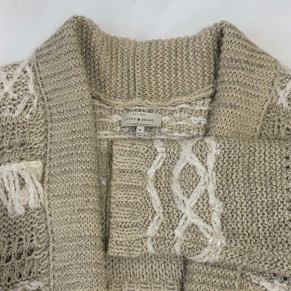 Lucky Brand Open Front Fringe Knit Cardigan Sweater Beige XL - Picture 1 of 15